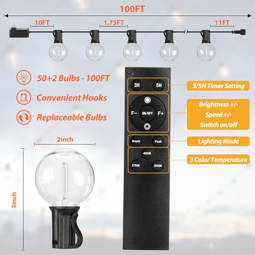 100FT LED Outdoor String Lights with 3 Color Lights, Dimmable String Lights for Outside with Remote, G40 Globe Waterproof Patio Lights with 50+2 Shatterproof Bulbs for Party Backyard BBQ House Camping