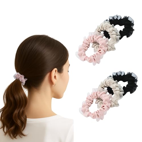 シュシュ 小さめ ヘアゴム 6本セット (ブラック/ピンク/ベージュ) おしゃれ 跡がつかない ヘアアクセサリー 可愛い シアーフリル 髪ゴム 高弾性 大人 子供 兼用 まとめ髪 リボン風 Arielle.R Small Scrunchie Hair Accessoryの商品画像（Amazon）