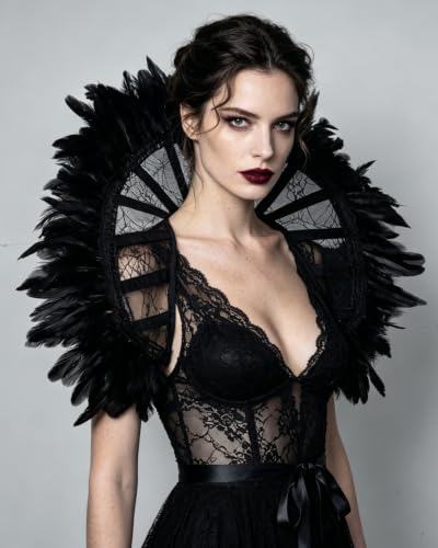 Feather Lace Shoulder Cape Gothic Stand up Collar for Halloween (Black) - image 3