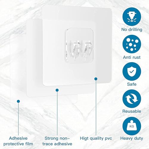 Image of (Pack of 20 Heavy Duty Transparent Self Adhesive Wall Hooks | PVC | Caddy Hook | Waterproof Oilproof | No Drill Wall Hooks for Bathroom, Kitchen, Towel Rack, Hanging Racks | (10 KG Load)