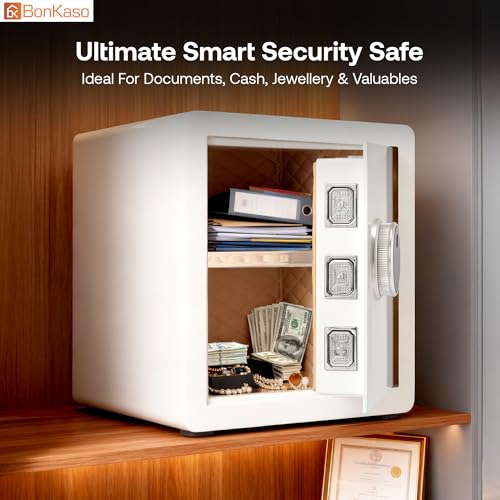 Image of BonKaso Smart Security Safe | Fingerprint PIN Key Access | Adjustable Shelves | Heavy-Duty Metal | Built-in Alarm | Compact Home Office Safe