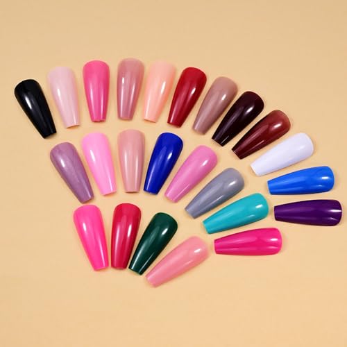 Image of 576Pcs Long Coffin Press on Nails 24 Solid Color Stick on Nails Glossy False Nail Colorful Full Cover Glue on Nail Set for Women Nail Tip DIY