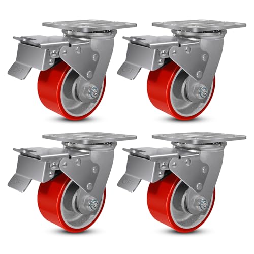 4" Heavy Duty Casters Set of 4, Swivel Industrial Caster Wheels with Brake, Each Caster Loads 800lbs (4 Total Lock Brake)