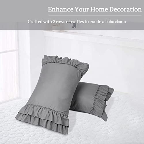 HIG Pack of 2 Chic Ruffle Pillow Shams, King Size Gray French Country Style Vintage Pillowcases with Handcraft Ruffle, Boho Frilly Pillow Shams for Bedroom, Microfiber, 20\" X 36\" (Emory) - Thumbnail 2