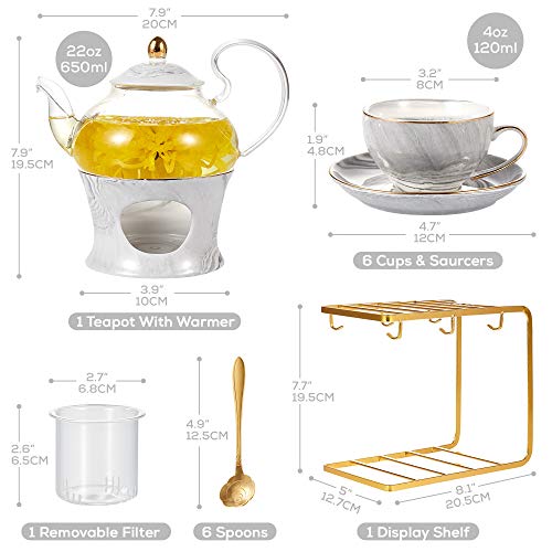 Dujust 21 Pcs Small Tea Set Of 6, Gray Marble Texture With Handcraft Golden Trim, Fine Porcelain Tea Pot Set For Kids&Adults, 1 Glass Teapot(22Oz), 6 Cups(4Oz), 6 Saucers, 6 Spoons, 1 Shelf&1 Warmer #TOP4