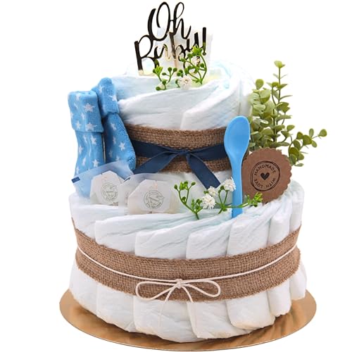 Trend Mama | Boho Windeltorte – 27 Windeln (Gr. 2), Babytee, Breilöffel, Babysocken – Jute-Look mit „Oh Baby“ Stecker –Handgemachtes Geschenk zur Geburt – Babyshower Geschenk Junge blau