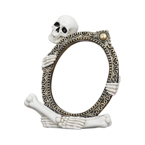 Vintage Skeleton Mirror Frame Statue - Gothic Halloween Decor with Skull Figurine, Resin Sculpture Halloween Gothic Home Decor for Shelf Mantel Desk Tabletop Ornaments