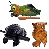 Wooden Guiro Rasp Instrument - Frog, Cricket and Owl Set 3, Musical Percussion Tone Block Craft (Small)