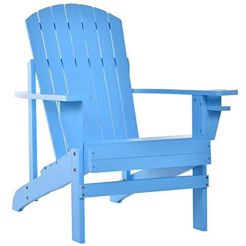 Outsunny Wooden Adirondack Chair, Outdoor Patio Lawn Chair With Cup Holder, Lawn Furniture, Classic Lounge For Deck, Garden, Backyard, Fire Pit, Blue #TOP21