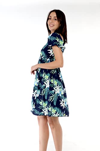 Image of Family Matching Hawaiian Clothes, Orchid Breeze Navy | Lightweight 100% rayon • Family matching outfits • Beach vacations • Luaus • Cruises • Family photos