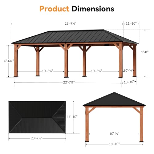 Modern Shade Tranquil Grove Wood Gazebo 12' x 24', Permanent Grill Gazebo with Galvanized Steel Hardtop Roof, Cedar Framed Wooden Pavilion for Garden, Backyard - Image 3