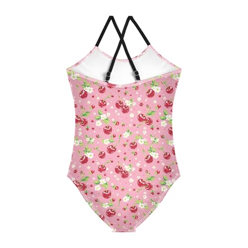 senya Girls Swimsuits One-Piece Swimwear Tie Bathing Suit Beach Summer Round Neck 5-6T Cherries and Flowers on Pink Pattern2