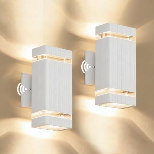 Image of JYV Square Dusk to Dawn Outdoor Wall Lights, Up and Down, White 2 Pack | Aluminum Porch Lights with 2x7W 3000K Bulbs, Waterproof Exterior Lighting Fixtures, for House Porch Garage Patio