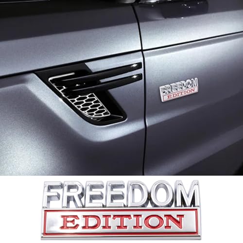 Image of 1pc 3D Raised Letter Freedom Edition Emblem Car Decals - Metal Sticker for Cars, Trucks, Motorcycles, SUV - Door Tailgate Bumper Badge Decal Vehicles Decoration (Silver and red)