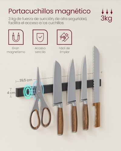 Miniatura 5 de Vasagle Estantería De Cocina, Soporte Para Panadería, Isla De Cocina Con Tira Magnética De Cuchillo, Cesta De Alambre, Soporte De Papel, 12 Ganchos, Marrón Rústico Y Negro Kks026b01