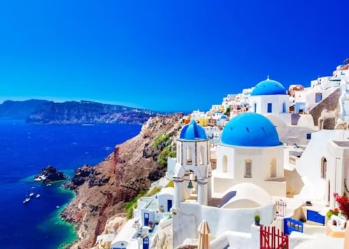 CORFOTO Tyg 2,1 x 1,5 m Stad Bakgrund Fotografi Grekland Egeisk Hav Oia Stad Santorini Island Blå kupol Vitt hus Scenisk Bruddusch Födelsedagsfest Rum Dekor Bakgrund Bröllop Fotosession Rekvisita
