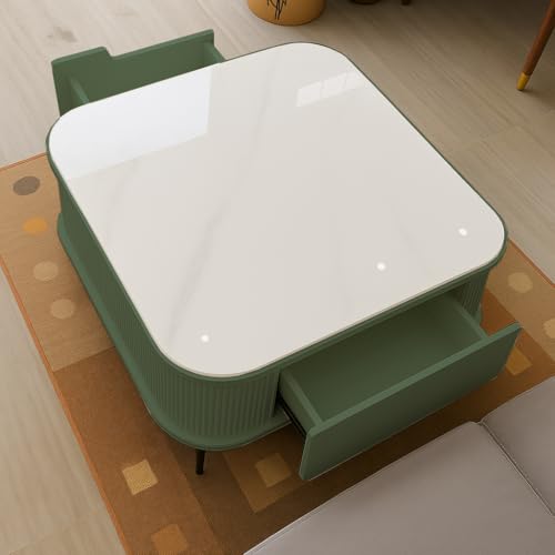 Image of WOODEN SPACE Premium Solo Marble-Top Wooden Center Table for Living Room | Iron Legs | PVD Coating | Modern Entryway Furniture | Coffee Table (Light Green)