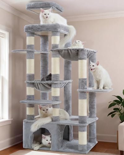 Heybly Kratzbaum, 180 cm Kratzbaum Groß mit extrem Stabiler Basis, XL-Plattform, großes Katzenhaus, 2 Hängematten, mehrstöckige Katzenmöbel für Maine Coon und andere Großkatzen, He
