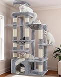 Heybly Cat Tree, 180 cm Tall Cat Tower for Large Maine Coon Cats with Extra-Large Baseboard, Cats Condo Furniture with Multi-Level Platforms, 2 Hammocks and 12 Scratching Posts, Light Grey HCT037W