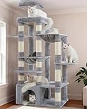 Heybly Kratzbaum, 180 cm Kratzbaum Groß mit extrem Stabiler Basis, XL-Plattform, großes Katzenhaus, 2 Hängematten, mehrstöckige Katzenmöbel für Maine Coon und andere Großkatzen, Hellgrau HCT037W