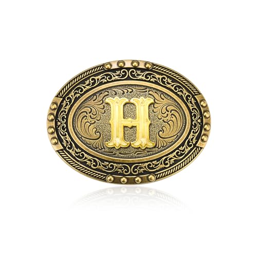 KOORASY Western Cowboy Initial Letter ABC to XYZ Belt Buckle, Antique Capital Belt Buckles Men Women Jeans Accessory, H