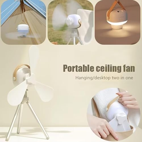 Image of Portable Ceiling Fan with LED Light and Remote Control | Rechargeable Table Fan for Home with Hanging Strap, Tripod Stand and Type C Charging for Travel