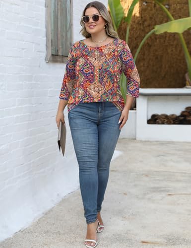 TFSDOD Womens Plus Size Tops 3/4 Length Sleeve Blouses Crew Neck Shirts Casual Loose Tunic Tops 1X-5X3