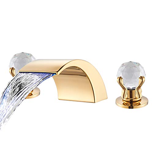 Senlesen LED Light Waterfall Widespread Bathroom Basin Faucet 2 Crystal Knobs Sink Mixer Tap Gold Polished