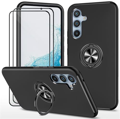 Dechyi hülle für Samsung Galaxy S24 5G/Samsung S25 (6.2") und 2 Stück gehärtetem Glas Displayschutzfolie Handyhülle mit Ringhalterung stoßfest, Kratzfest strapazierfähig Schutzhülle Schwarz