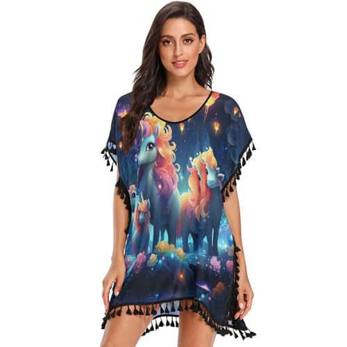 Beautiful Unicorns Blue Women's Beach Cover Up Chiffon Tassel Swimwear Swimsuit Coverups for Girl