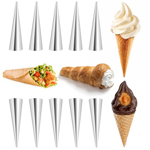 10Pcs Cream Horn Molds Forms 5 Inch, Non-stick Cream Horns Pastry Mold Croissant Baking Forms Stainless Steel Cannoli Tubes Ice Cream Cone Molds for Baking Croissants, Ice Cream Cone Party Dessert