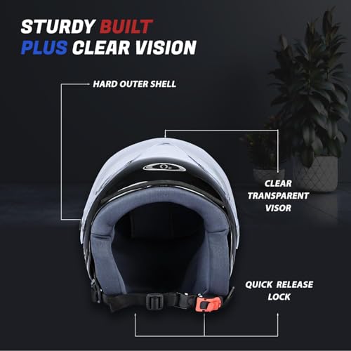 Image of O2 Open Face / Half face Helmet Unisex for Bike Women Men ISI Certified with Clear Visor Metallic Smooth Finish Lightweight & Compact (Black, 580mm Medium)