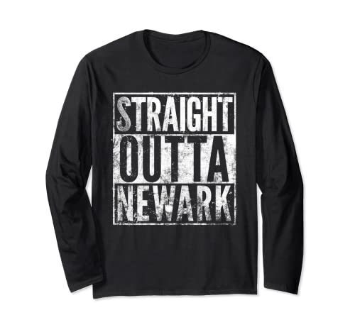 Straight Outta Newark New Jersey Effetto Distressed Maglia a Manica