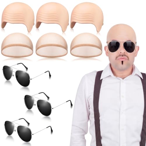 Mepase 9 Pcs Bald Caps with Glasses Nylon Makeup Latex Bald Head Wig Cap for Men Women Adults Cosplay Party Costume Accessories (12.2 x 8.6 Inch)