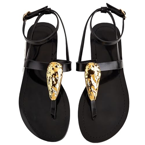 Women's Leather Metal Decor Thong Flat Sandals with Adjustable Ankle Buckle Comfortable Round Open Toe Slingback Flip-Flops Sandals Summer Casual Fashion Rome Sandals 6