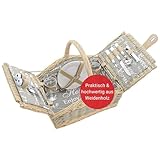 WOMA Picknickkorb mit Tragegriff für 2 Personen I Geflochtener Weidenkorb mit Besteck, Geschirr & Weingläsern für Fahrrad & Auto I Moderner Picknickkorb mit Deckel & Henkel für Paare