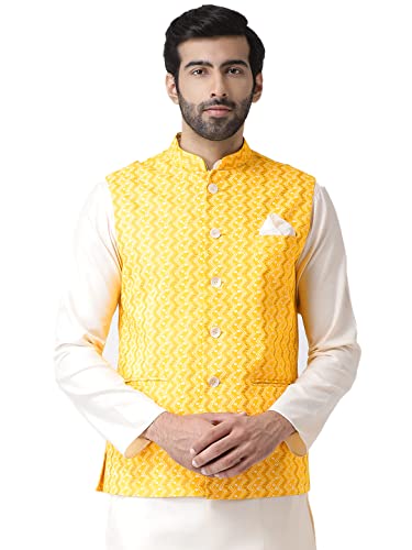 Image of Kisah Men's Silk Blend Printed Nehru Jacket Regular Fit | Designer Ethnic Layering | Wedding & Occasion Wear