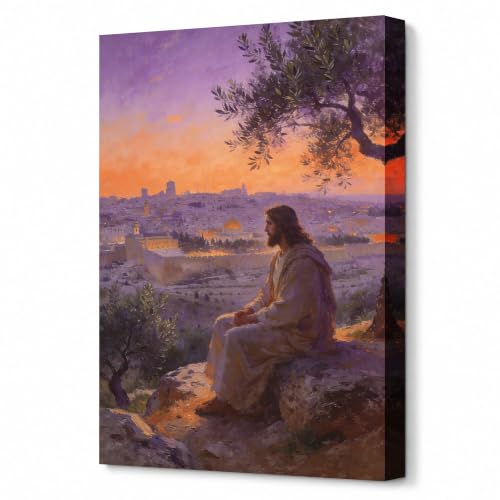 Jesus Overlooking Jerusalem Framed Canvas Wall Art, Christian Sunset Religious