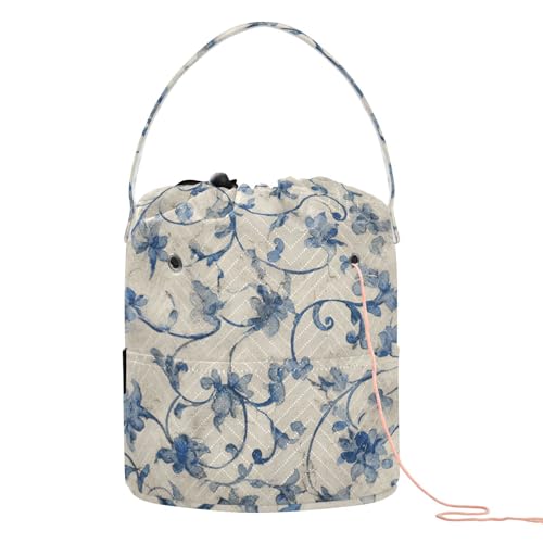 Image of Tatenale Crochet Bag Yarn Bag Knitting Project Bag with Pockets and Handle Portable Yarn Storage Organizer Tangle Free 8.3x11 InchWatercolor Blue and White Flower21