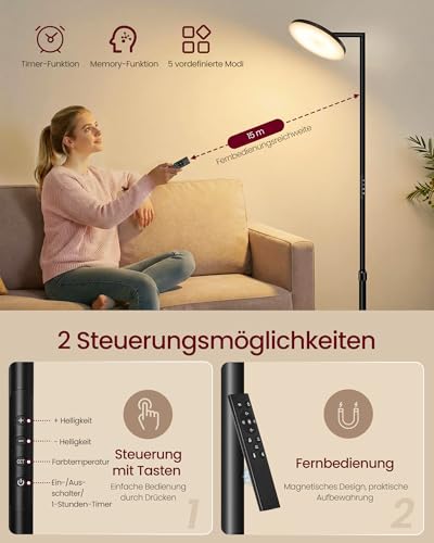 VASAGLE Stehlampe Wohnzimmer, LED-Stehleuchte höhenverstellbar, Standleuchte 36W, drehbarer Lampenkopf, Schlafzimmer, Timer, Memory-Funktion, Tasten- und Fernbedienung, Mattschwarz LFL008BD02