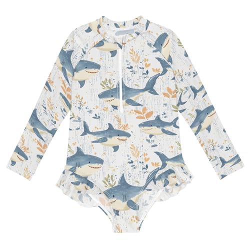 ALAZA Cartoon Shark Leaf Blossom Girls One Piece Swimsuit Long Sleeve Rash Guard Swimsuits UV 50+ Swimwear Zipper