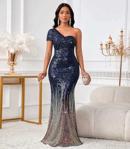 Image of Cololura Women Sexy Sequin One Shoulder Mermaid Formal Party Cocktail Gowns Bodycon Evening Maxi Dress