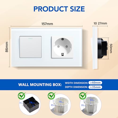 BSEED Lichtschalter mit Steckdose 1 Fach 1 Weg,10A Kristall Glas Platte Wandschalter mit 16A Schuko Steckdose Weiß, Physische Taste Schalter mit Steckdose- 157mm