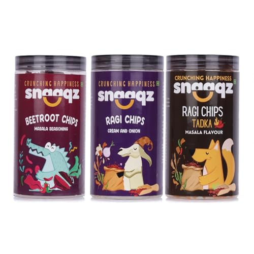 Image of Snaaqz Supergrain Chips Combo (Beetroot Masala, Ragi Cream & Onion & Ragi Masala) | Pack of 3 (150g each) | Crispy & Healthy Chips, High Protein, Gluten Free, Vegan, Low Calorie, No Palm Oil