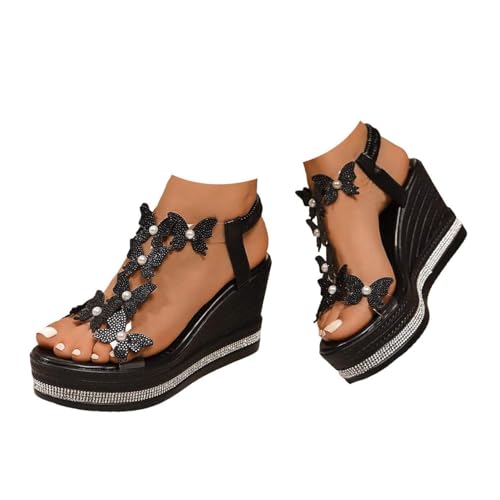 Butterfly Sandals For Women,Women's High Heel Wedge Sandals Rhinestone Platform Fashionable Decor Cute Women Slides Thick Soled Open Toe T Strap Thongs Transparent Elastic Boho Summer Beach Shoes