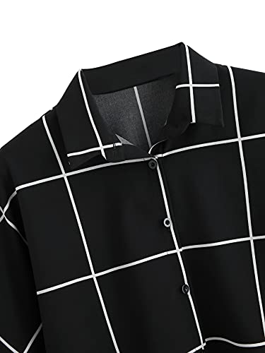 Makemechic Women's Summer Short Sleeve Plaid Button Down T Shirt Blouse Crop Top A Black M #TOP2