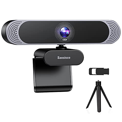 Webcam with Microphone, Sansisco Web Camera Autofocus 1080P HD Webcam with Privacy Cover and Tripod, Plug and Play USB Streaming Computer Webcam No Fisheye for PC Mac Desktop Work with Zoom/Skype