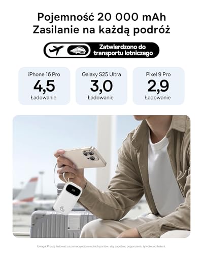Baseus QPow3 Powerbank 45 W, 20 000 mAh, z 2 wbudowanymi kablami USB-C, Power Bank PD3.0 QC4.0, 3 3 C 1 A, zewnętrzne akumulatory do telefonów komórkowych iPhone 16/15/14 Pro Max, iPad, Samsung, biały
