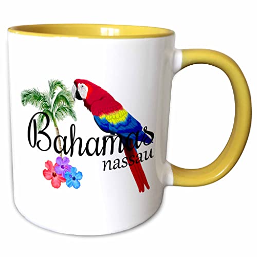 3dRose Bahamas Nassau Caribbean souvenir with tropical parrot and flowers. 11oz Two-Tone Yellow Mug
