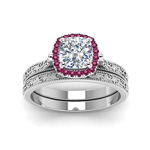 Image of Choose Your Gemstone Hand Engraved Halo Cushion Wedding Ring 925 Sterling Silver Cushion Shape Wedding Ring Sets Matching Jewelry Wedding Jewelry Easy to Wear Gifts US Size 4 to 12